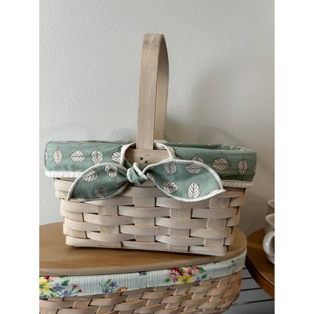 Longaberger Spring basket sage stone leaf bow ties liner & protector whitewash